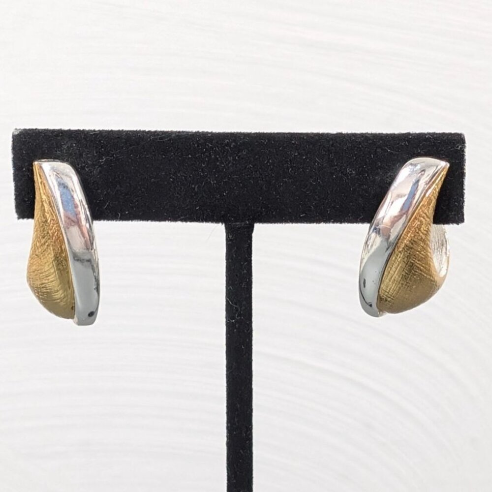 Vintage‎ Napier Two Tone Brushed Half Hoop Drop Earrings Gold Tone